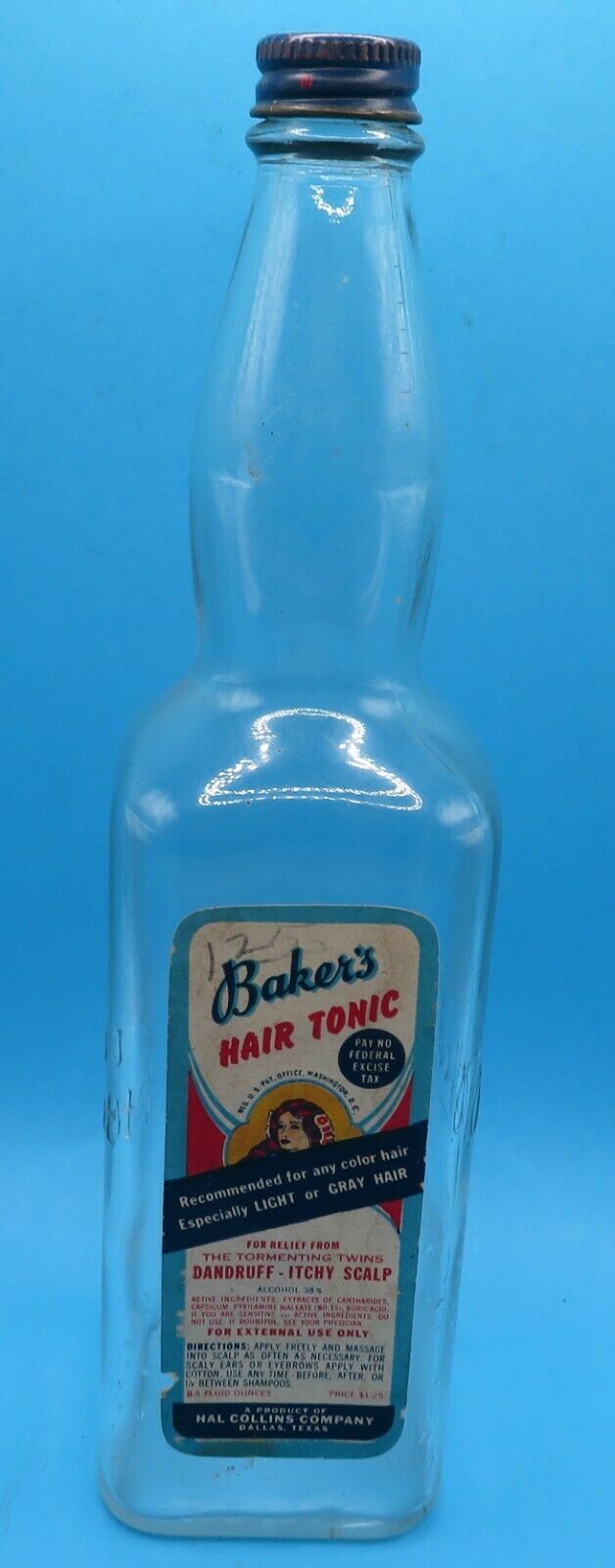 Vintage Bottle Baker's Best Hair Tonic Embossed Blue Cap