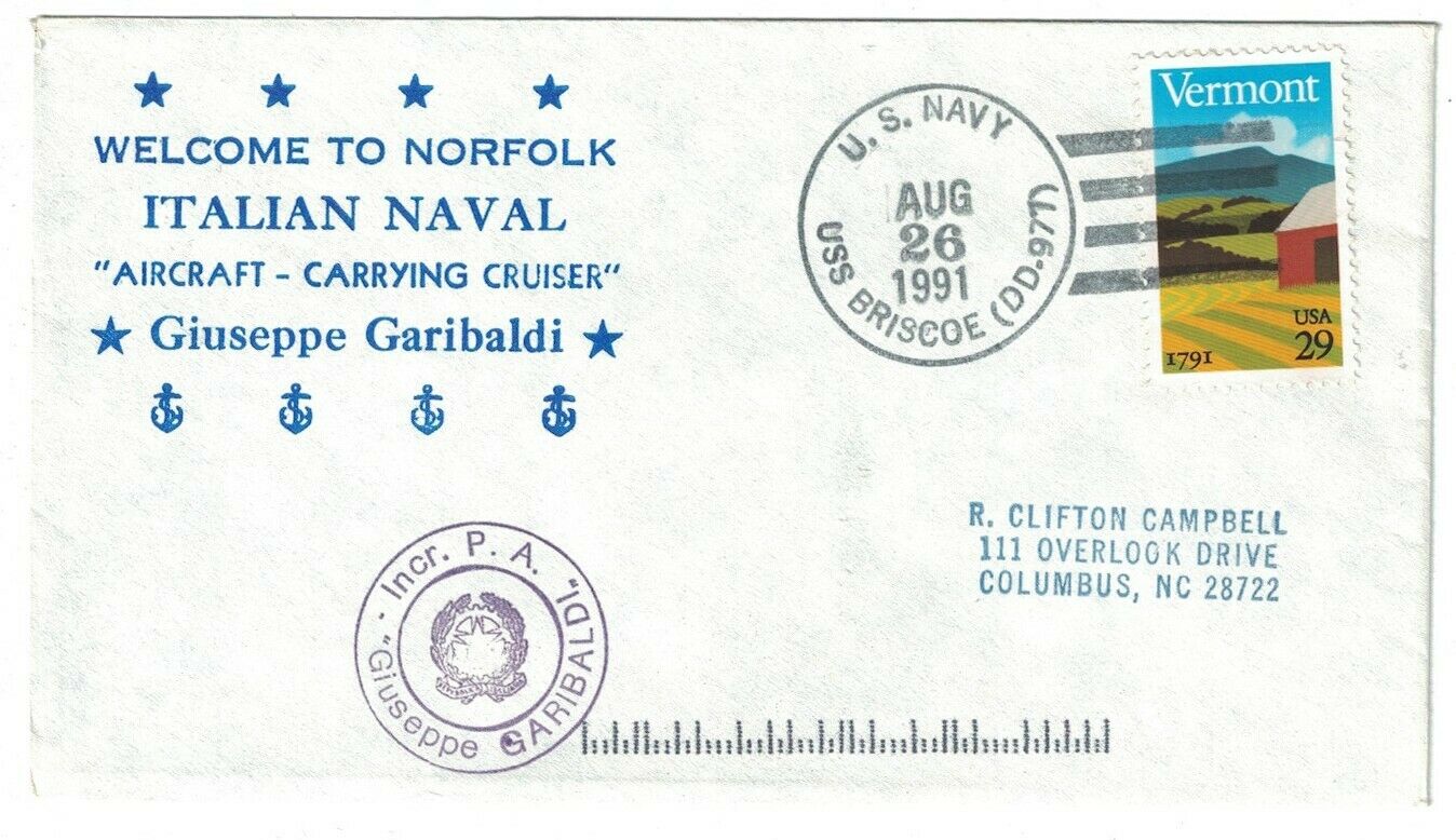 Uss Briscoe Dd-977, Aug 26, 1991, Nicholson Cachet, Welcome To Norfolk Garibaldi