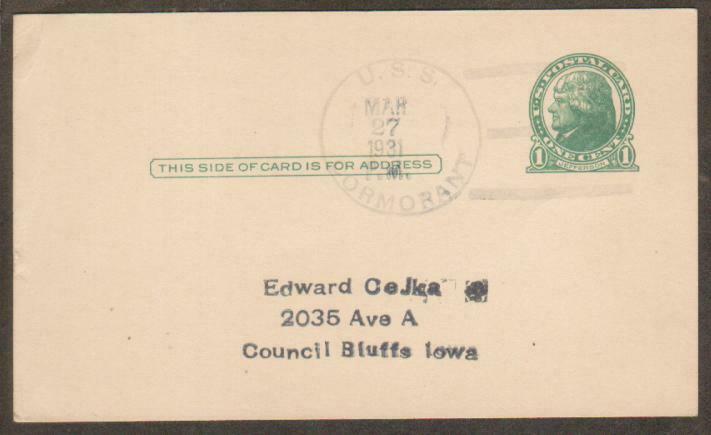 Uss Cormorant Am 40 March 27 1931 (n33703) No Cachet, Postal Card