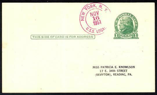 Uss Logan Apa 196 November 16 1951 Type 9efu Postmark