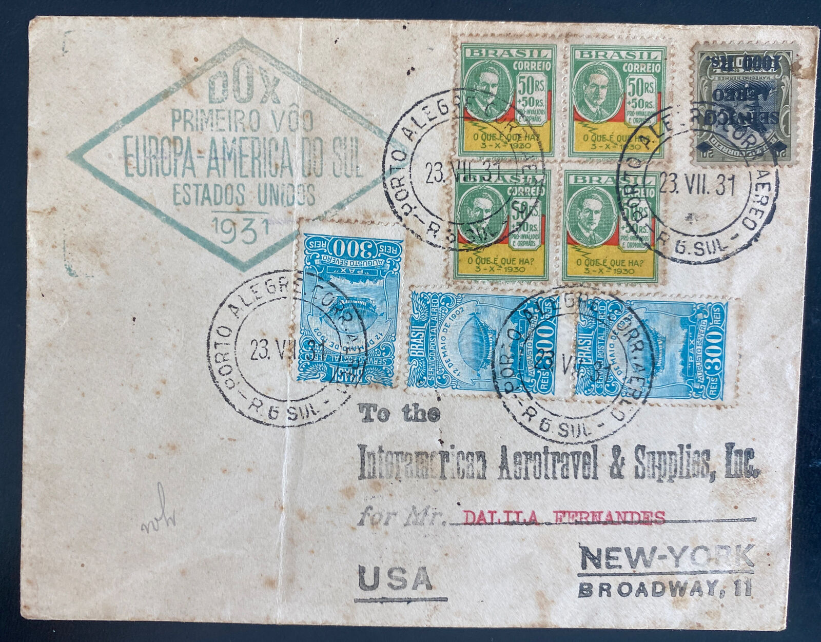 1931 Porto Alegre Brazil Dox First Flight Airmail Cover Ffc To New York Usa