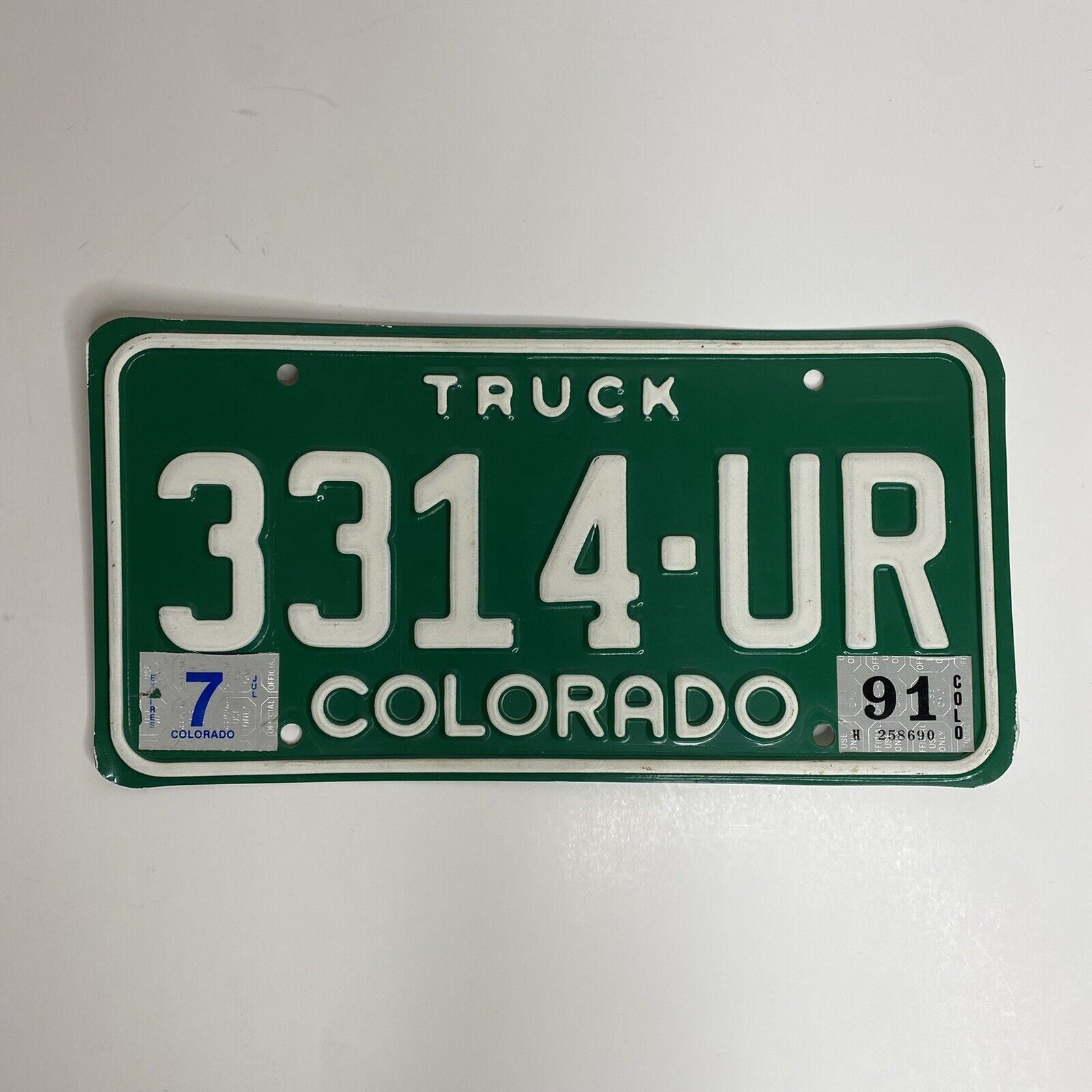 Vintage Colorado State License Plate “3314-ur” 1991 Sticker 91 Green Truck Plate