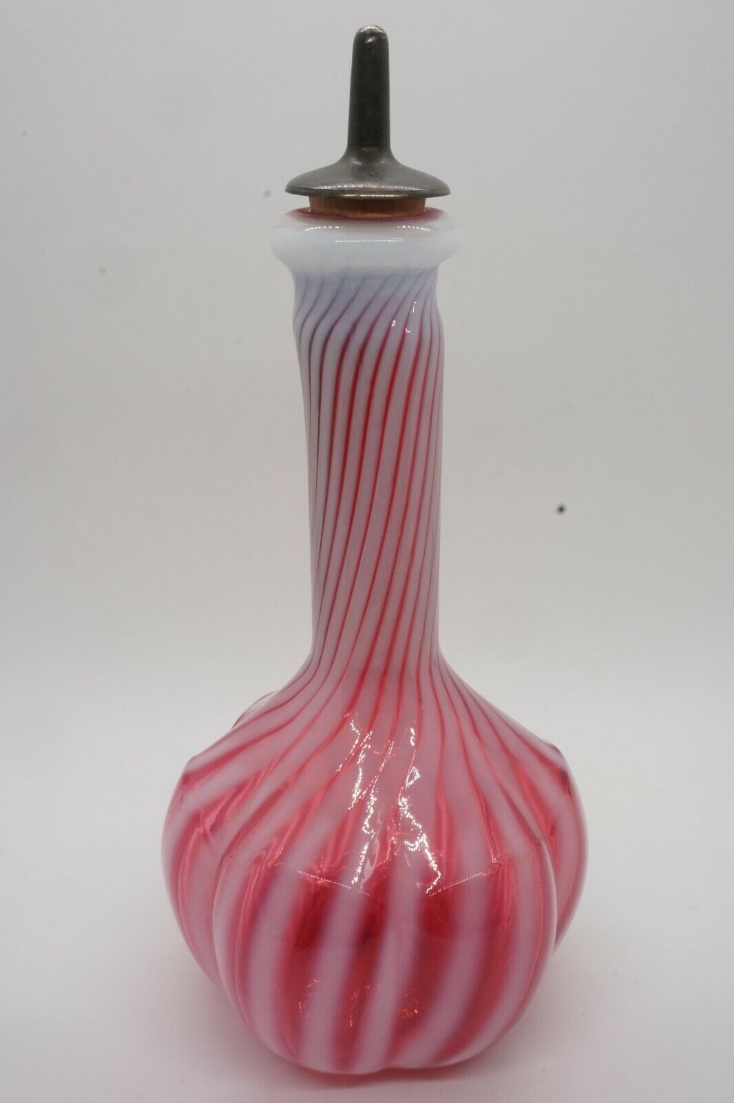 Antique Cranberry Opalescent Reverse Swirl Glass Barber Bottle
