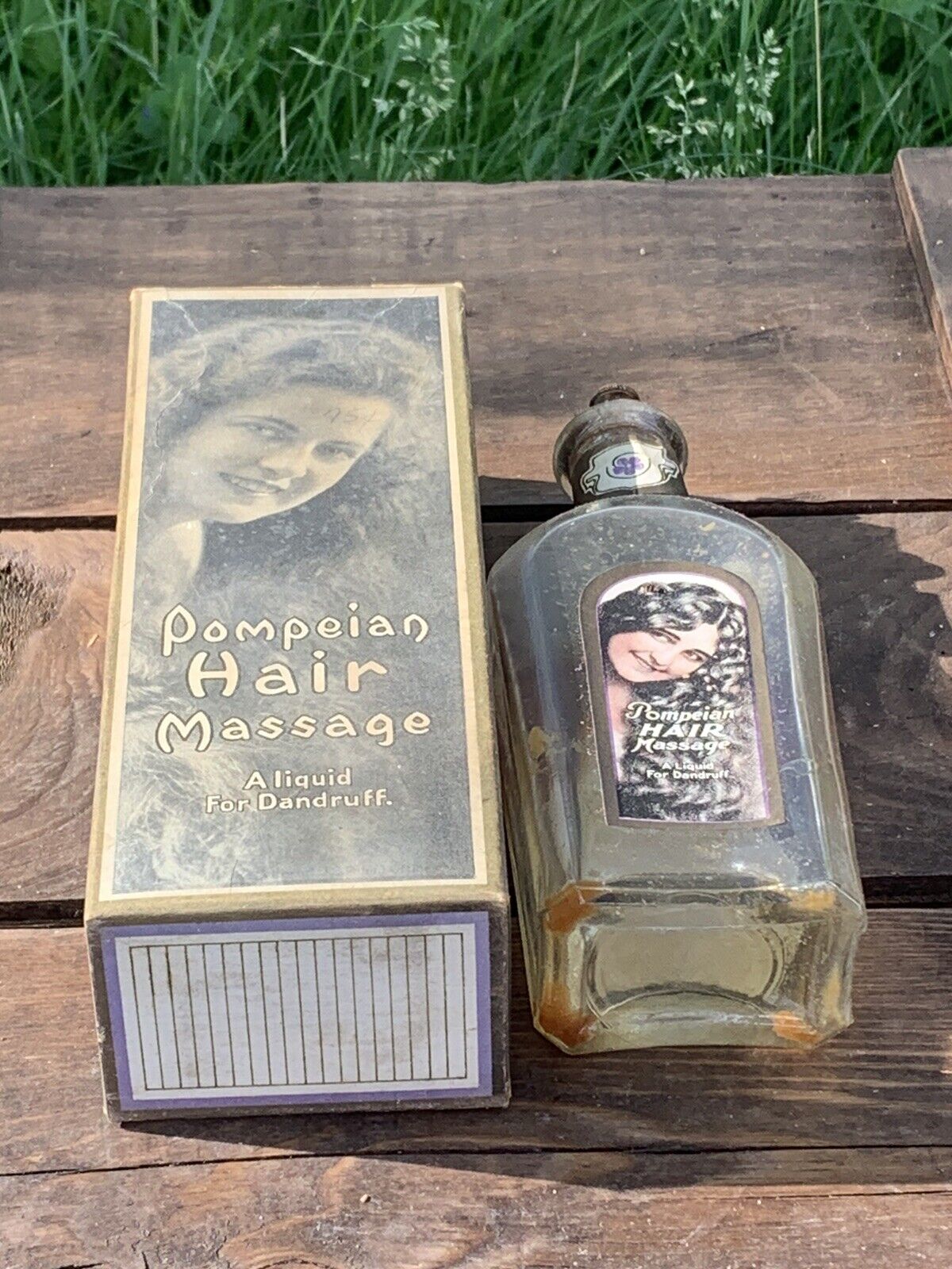 Antique Quack Dandruff Hair Bottle W/ Box Pompeian Mfg Co. Cleveland Walkerville