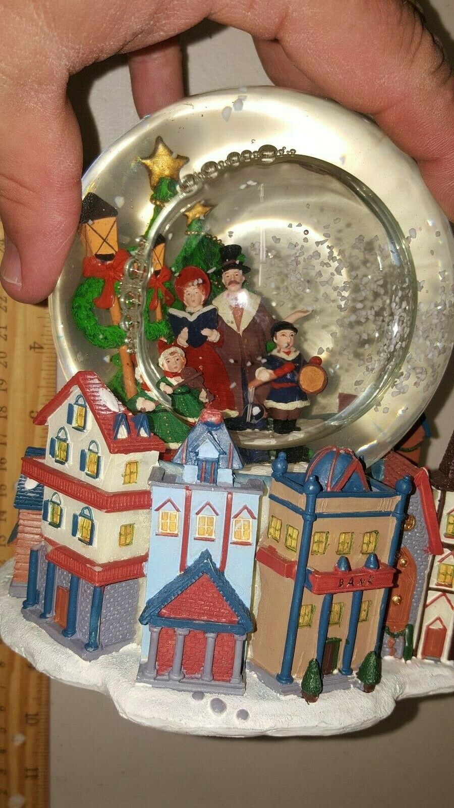 Snow Globe Old Village Christmas Theme Plays  "im Dreaming Of A White Christmas"