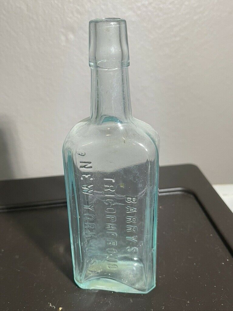 Antique Barry's Tricopherous New York Usa Blue Aqua Glass Bottle 2