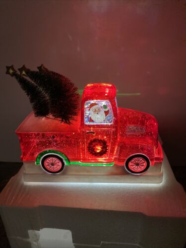 Christmas Tree Snow Globe Water Swirling Lighted Red Pickup Truck Santa 8” (qqq)
