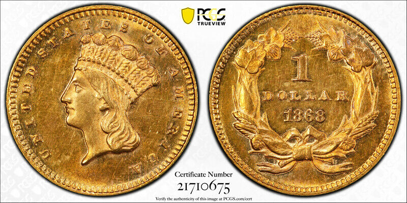 1868 G$1 Gold Dollar Princess Head Pcgs Ms 62 Uncirculated Key Date Nice !