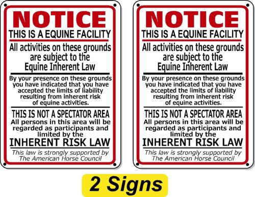 (2 Pack) Supplemental Equine Liability Sign Warning Statute Horse Barn Stable