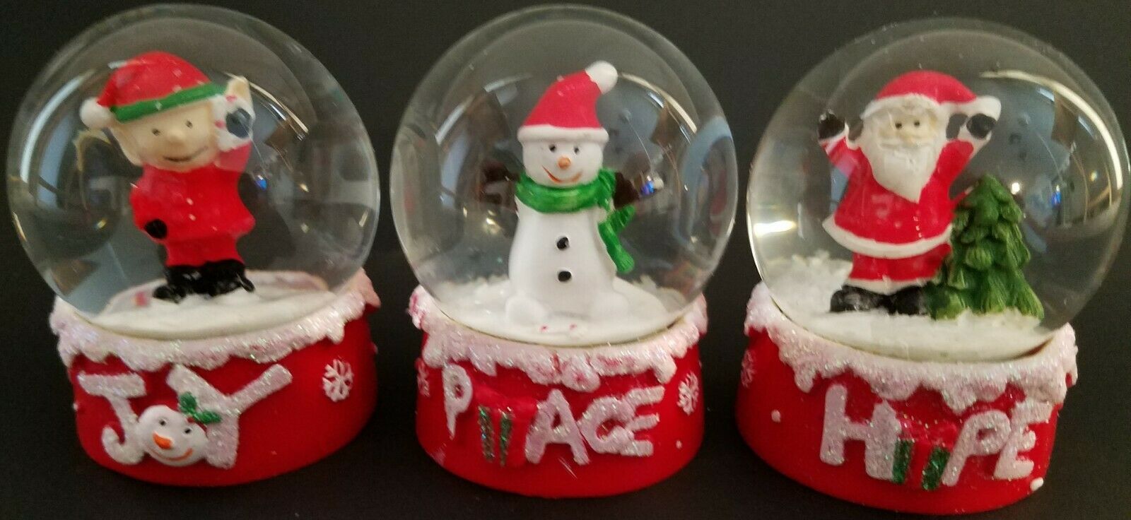 Christmas Snow Globes 2.5”, Select: Elf ‘joy”, Frosty ‘peace’ Or Santa ‘hope’