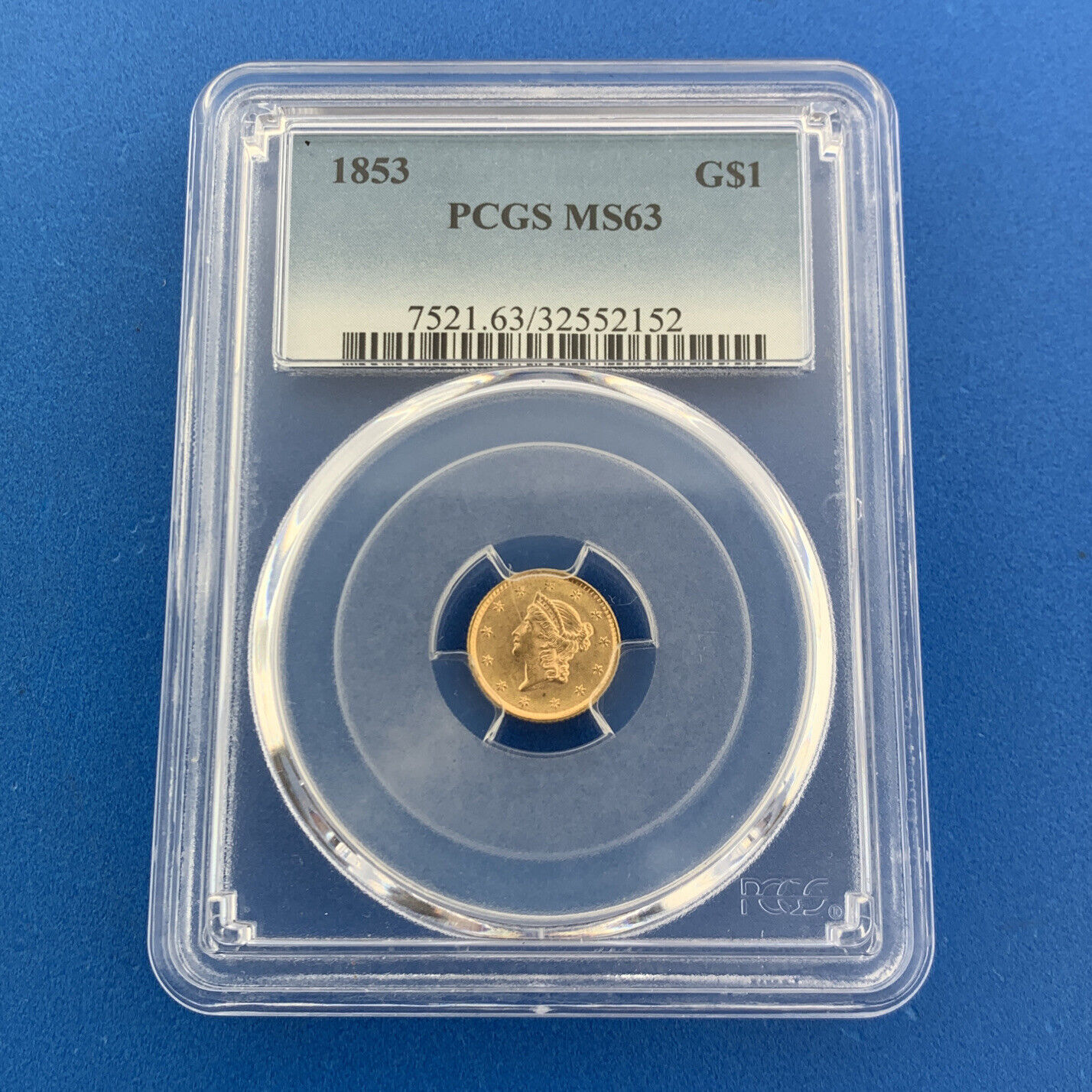 1853 P $1 Gold Liberty Head Type 1 Dollar Pcgs Mint State 63 Ms63