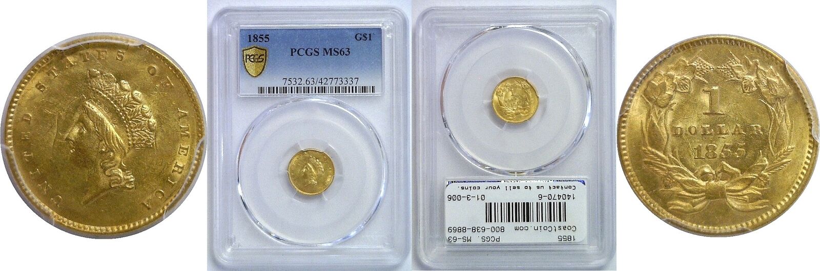 1855 $1 Gold Coin Pcgs Ms-63